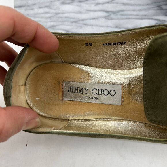 Jimmy Choo Womens 38 Loafer Moss Green Suede Slip On Patent Leather Cap Toe - Picture 10 of 14